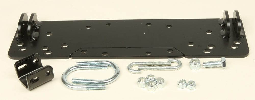The Honda Foreman TRX450 4x4 Provantage Center Snow Plow Mounting Kit by Warn includes a black metal plate with multiple holes, two U-bolts, nuts, washers, bolts, and a small bracket—perfect for ATV plowing—displayed on a light surface.