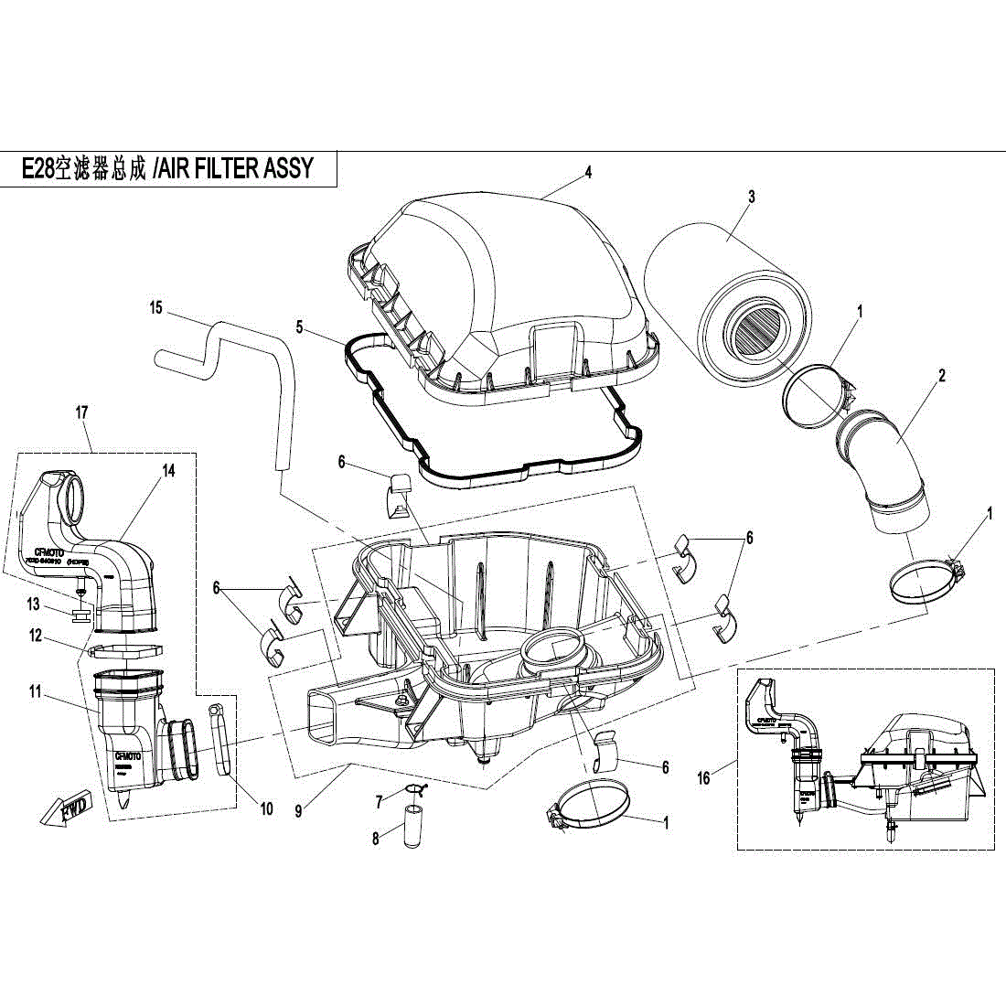 An Image of a genuine CFMOTO Parts Schematic Diagram showing the group - AIR FILTER ASSY - 2017 CFMOTO CFORCE 800