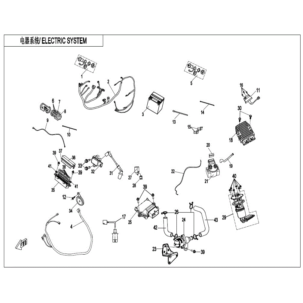 An Image of a genuine CFMOTO Parts Schematic Diagram showing the group - ELECTRIC SYSTEM (WITH FUEL VAPORIZATION SYSTEM) - 2021 CFMOTO CFORCE 400