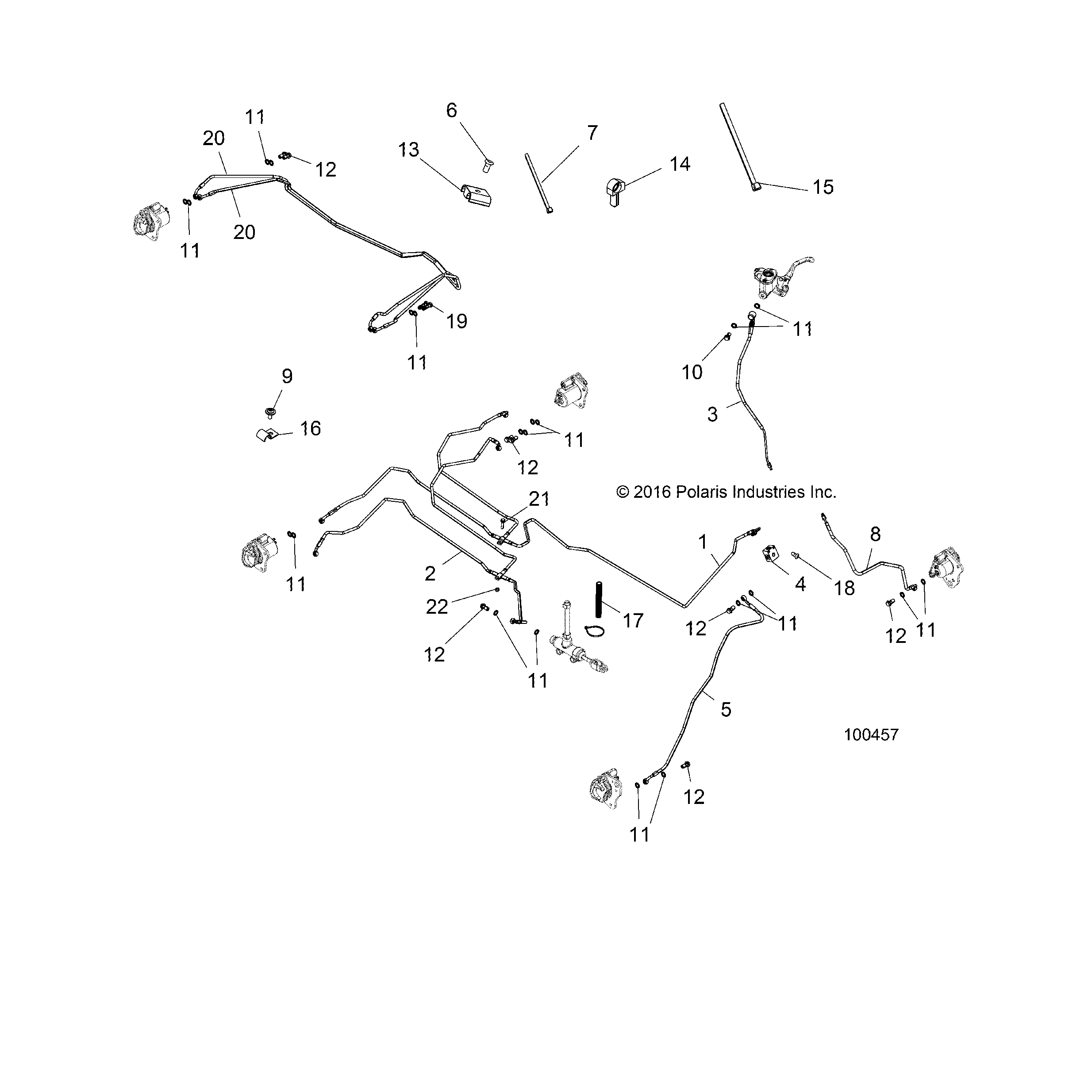 An Image of a Genuine Polaris Parts Schematic Diagram showing the schematic - BRAKES: BRAKE LINES - 2019 POLARIS SPORTSMAN 570 6X6