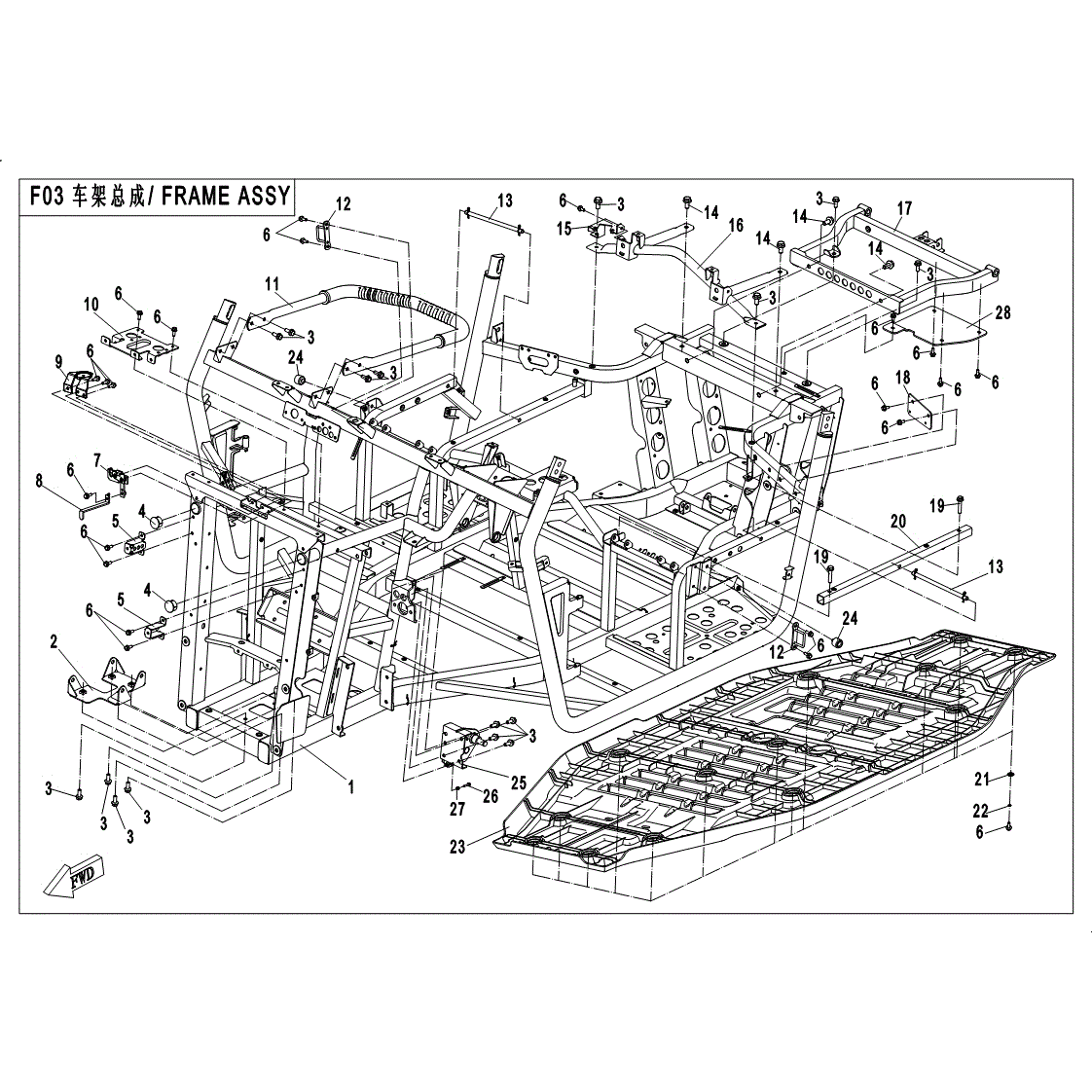 An Image of a Genuine CFMOTO Parts Schematic Diagram showing the schematic - FRAME ASSY - 2017 CFMOTO UFORCE 500