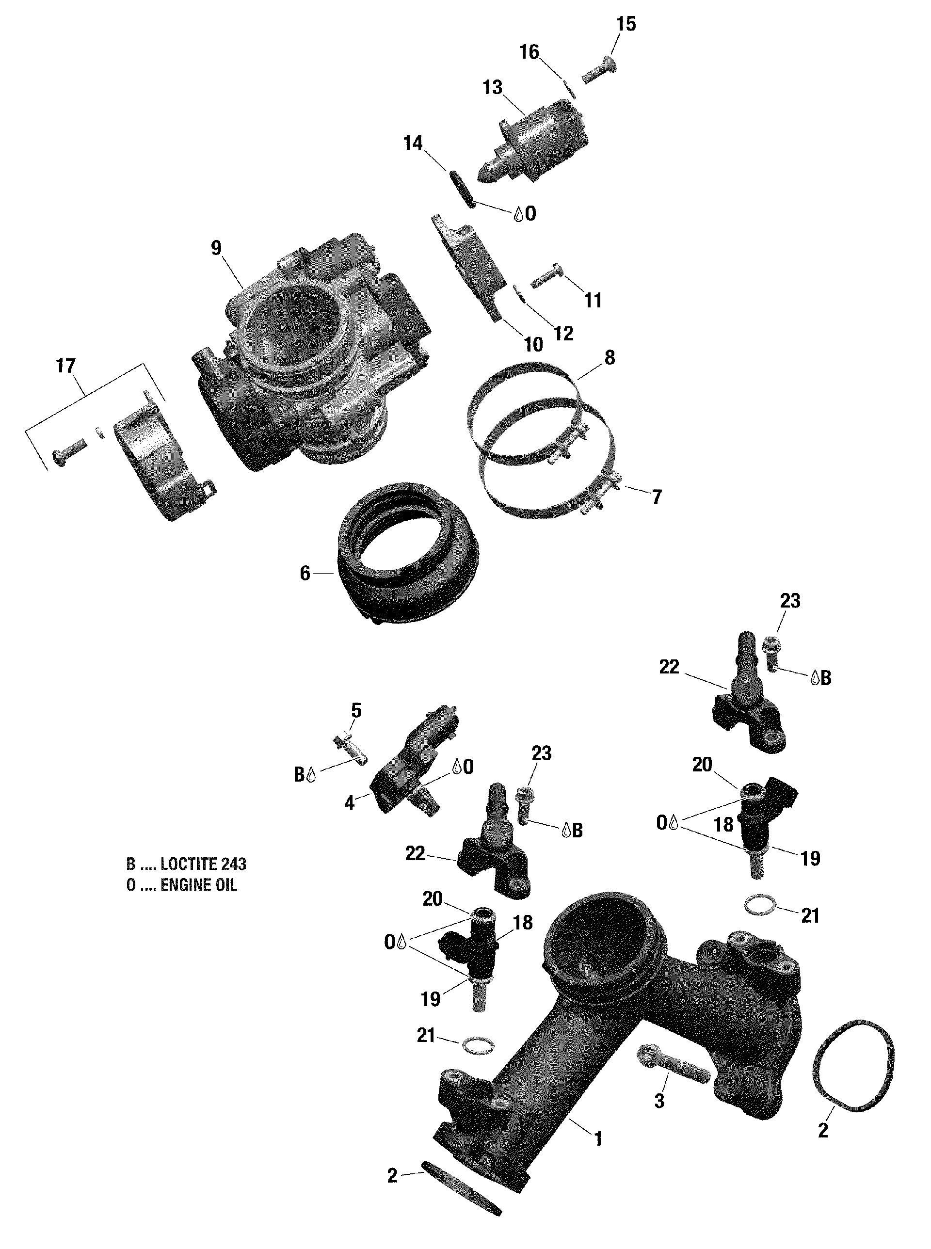 An Image of a Genuine Can-Am Parts Schematic Diagram showing the schematic - ROTAX - AIR INTAKE MANIFOLD AND THROTTLE BODY - 211