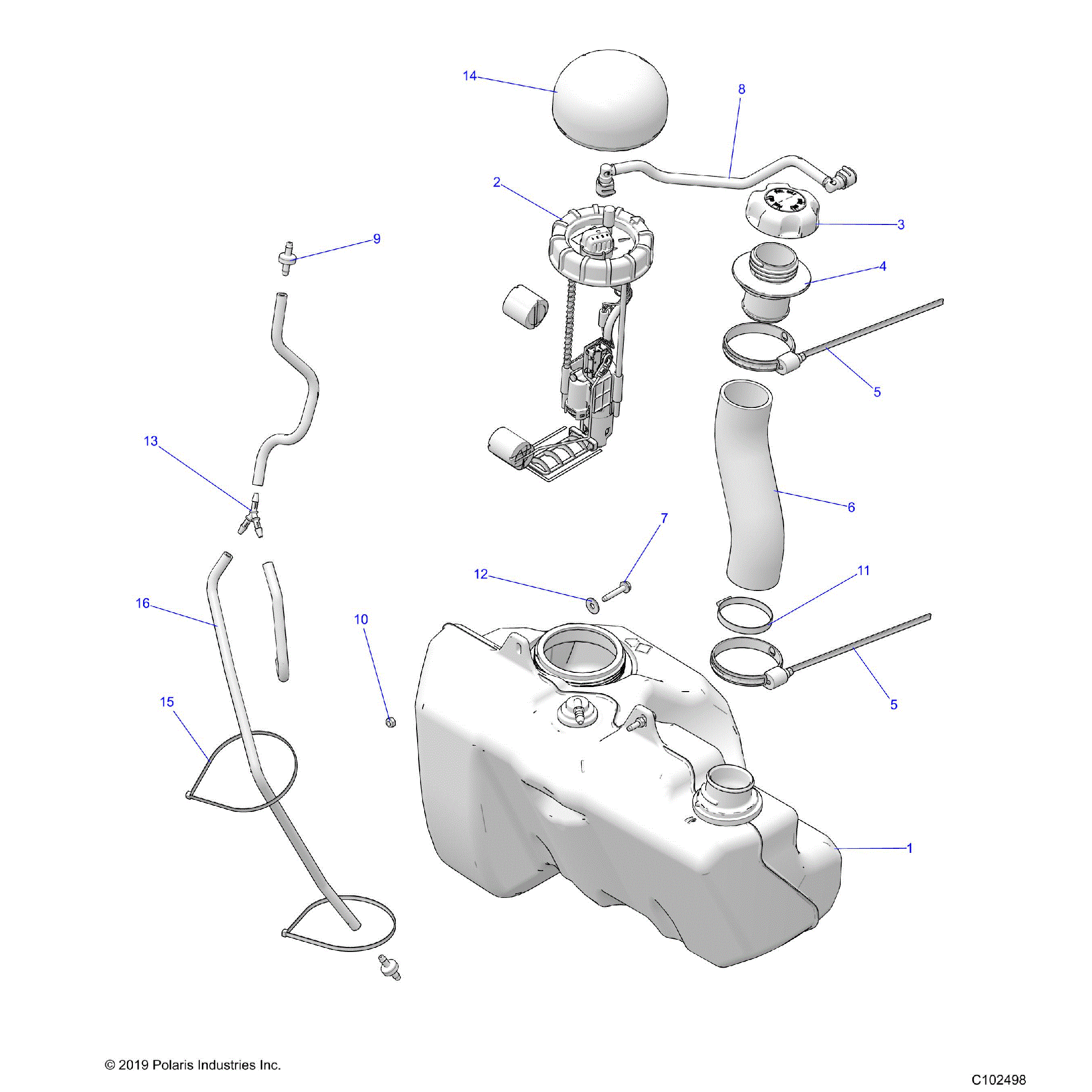 An Image of a Genuine Polaris Parts Schematic Diagram showing the schematic - BODY: FUEL TANK - 2020 POLARIS SCRAMBLER XP 1000 55"