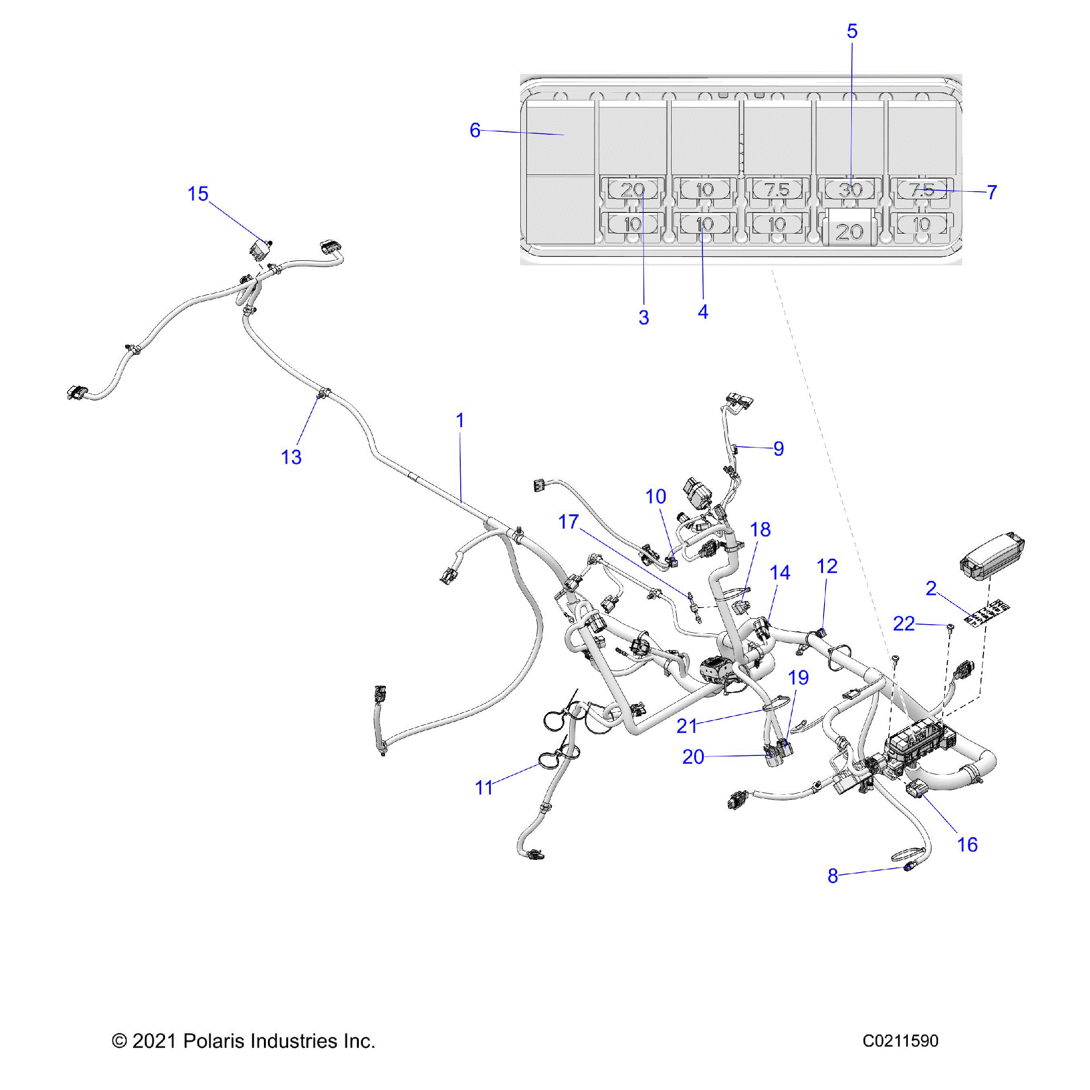 An Image of a Genuine Polaris Parts Schematic Diagram showing the schematic - ELECTRICAL: HARNESS - 2022 POLARIS SPORTSMAN 850 48"