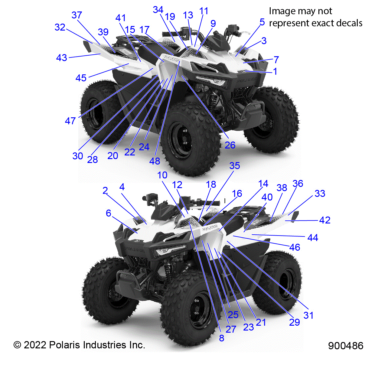 An Image of a Genuine Polaris Parts Schematic Diagram showing the schematic - BODY: DECALS GRAPHICS - 2023 POLARIS OUTLAW 70 LE