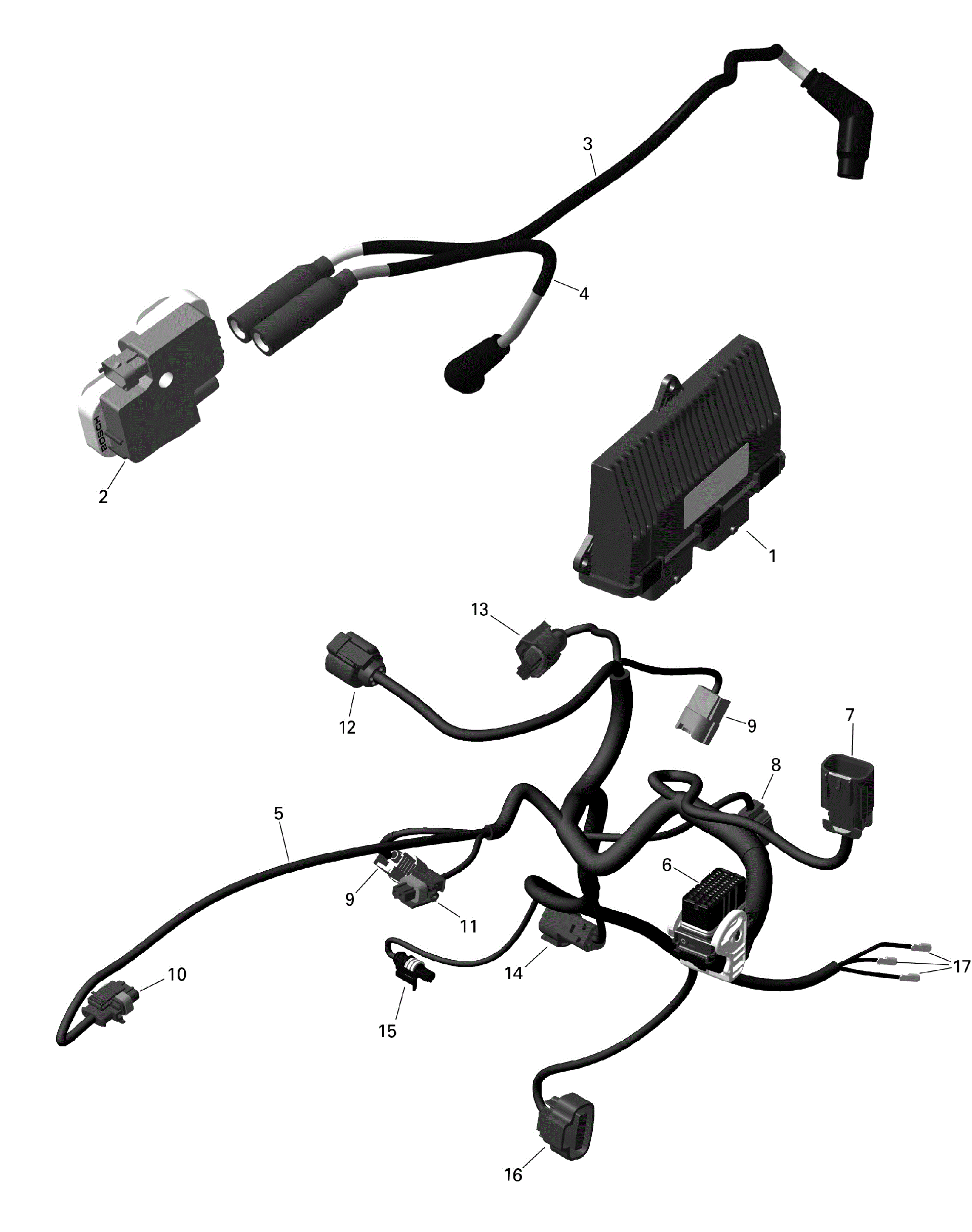 An Image of a Genuine Can-Am Parts Schematic Diagram showing the schematic - ROTAX - ENGINE HARNESS AND ELECTRONIC MODULE