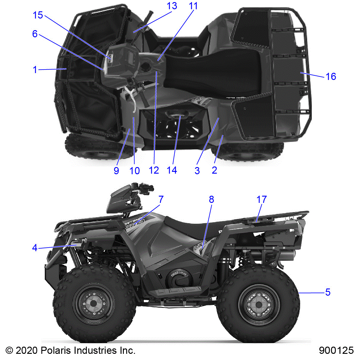 An Image of a Genuine Polaris Parts Schematic Diagram showing the schematic - BODY: DECALS - 2020 POLARIS SPORTSMAN 570 EPS UTILITY