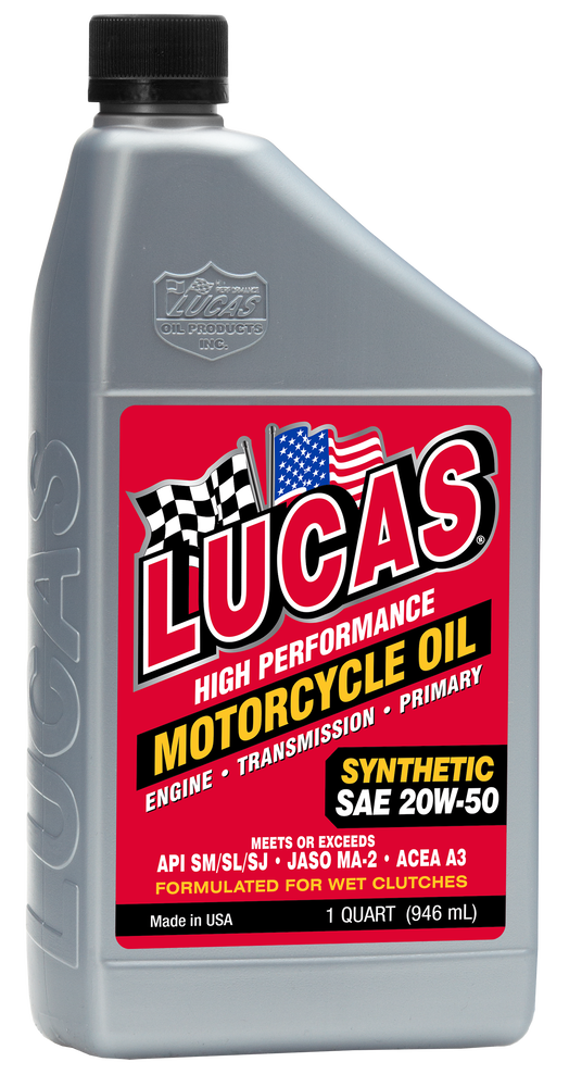 A gray 1-quart bottle of Lucas Oil Synthetic High Performance Engine Oil 20W50 with a red label, checkered and American flags, and details for engine, transmission, and primary use.