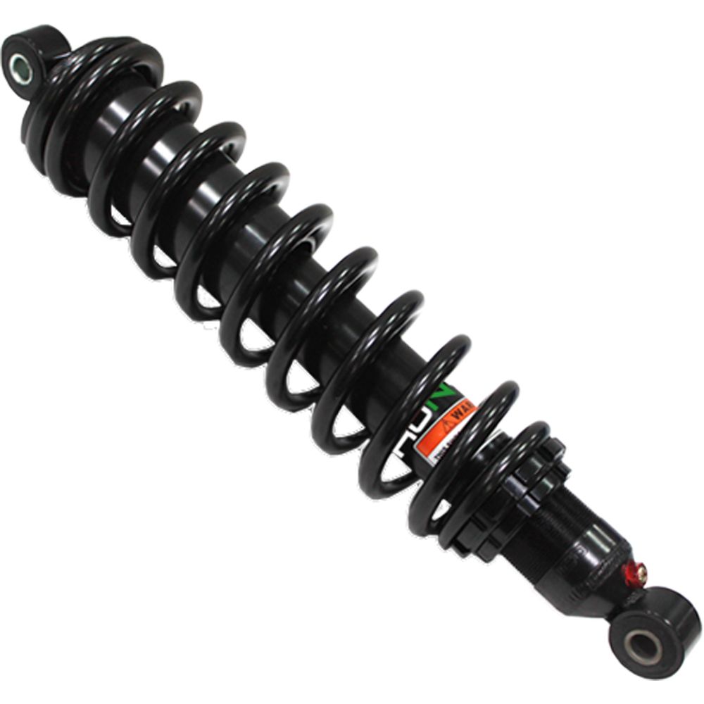 The Honda Rancher/Fourtrax UTV/ATV Front Gas Shock by Bronco is a black coilover shock with a tightly wound spring and dual mounting points, designed for ATV suspension systems. Available at Witchdoctors.com.