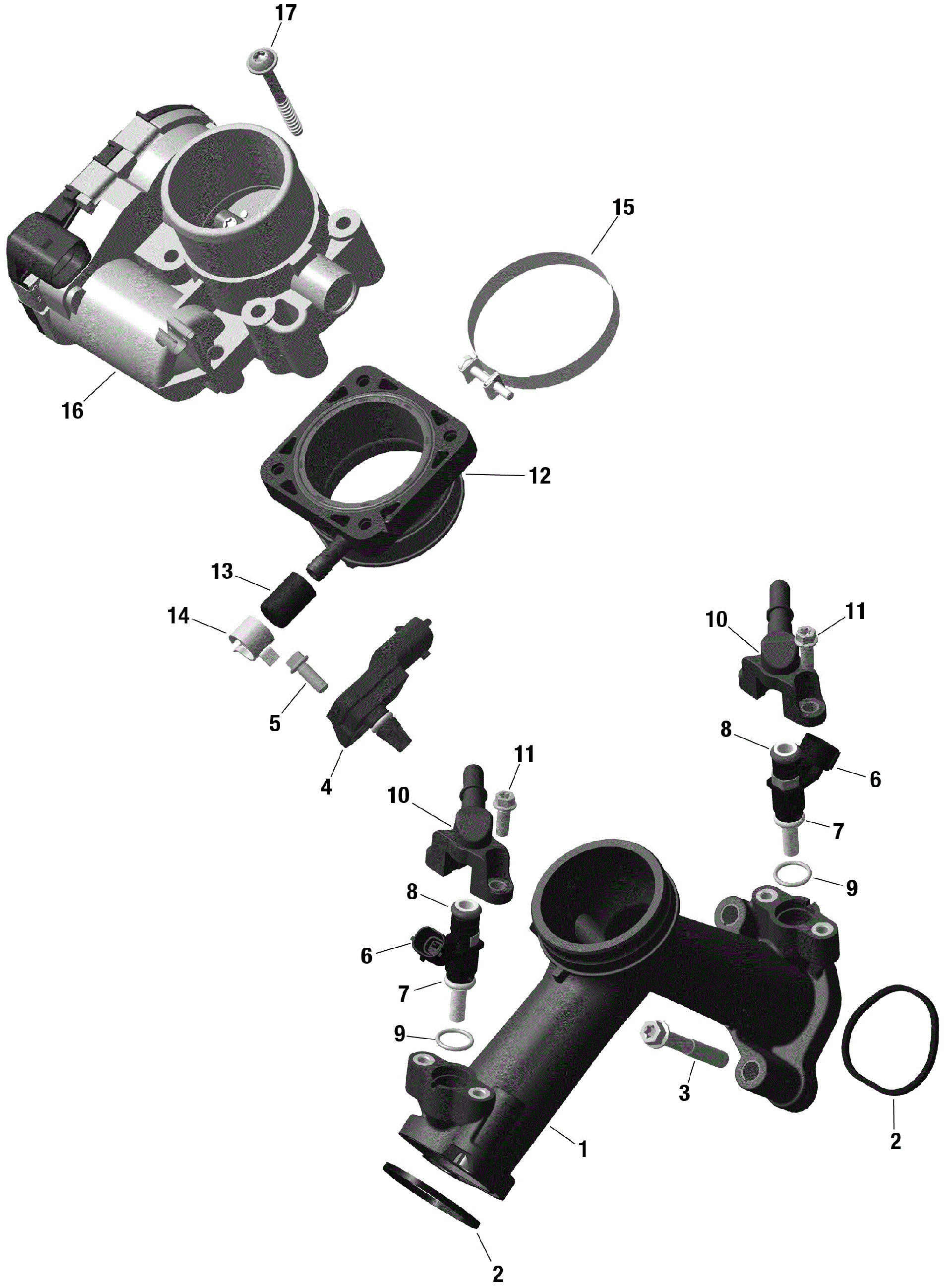 An Image of a Genuine Can-Am Parts Schematic Diagram showing the schematic - ROTAX - AIR INTAKE MANIFOLD AND THROTTLE BODY