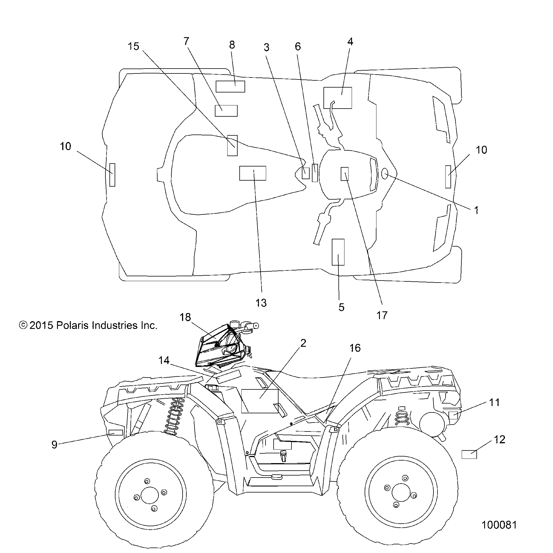 An Image of a Genuine Polaris Parts Schematic Diagram showing the schematic - BODY: DECALS - 2016 POLARIS SPORTSMAN XP 1000