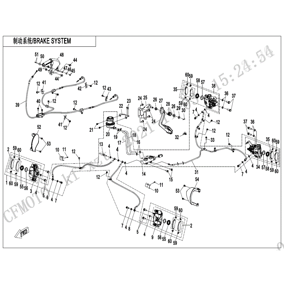 An Image of a Genuine CFMOTO Parts Schematic Diagram showing the schematic - BRAKE SYSTEM - 2022 CFMOTO ZFORCE 950 HO Sport
