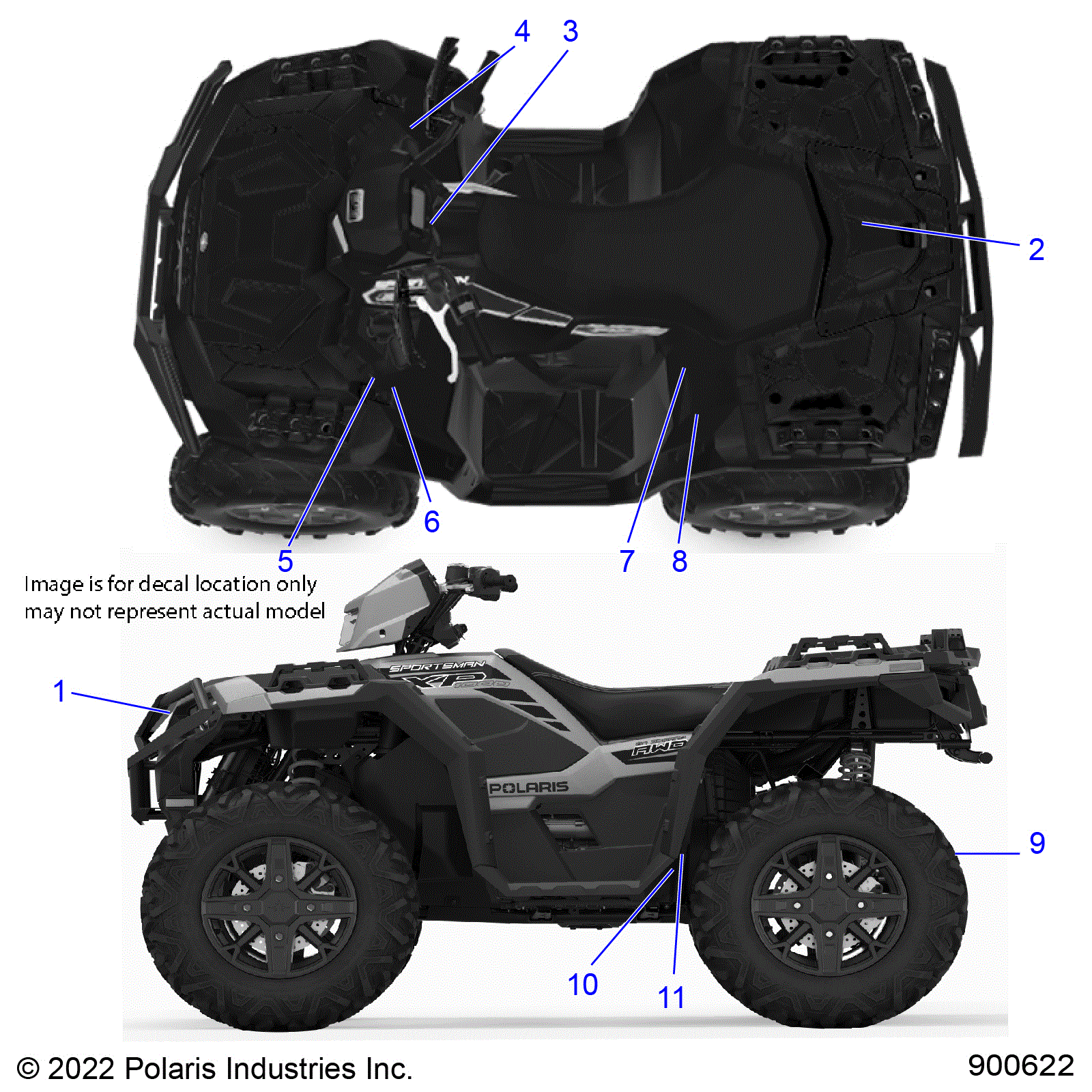 An Image of a Genuine Polaris Parts Schematic Diagram showing the schematic - BODY: DECALS GENERAL - 2023 POLARIS SPORTSMAN XP 1000 48" LE RIDE COMMAND