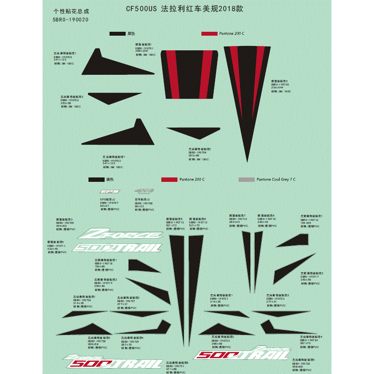 An Image of a Genuine CFMOTO Parts Schematic Diagram showing the schematic - DECALS (USA) - RED - 2018 CFMOTO ZFORCE 500