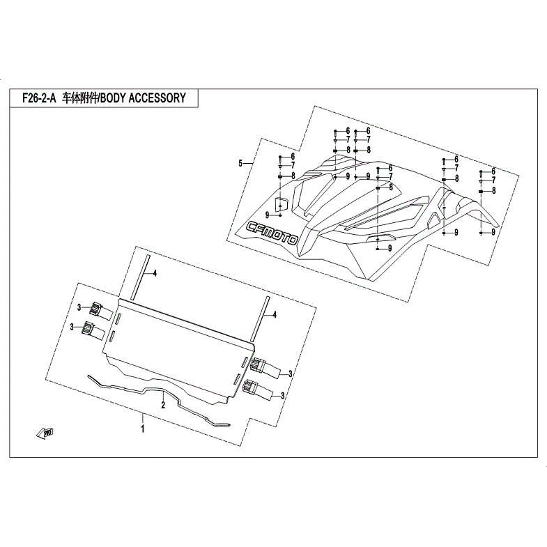 An Image of a Genuine CFMOTO Parts Schematic Diagram showing the schematic - BODY ACCESSORIES 2 - 2018 CFMOTO ZFORCE 800 Trail