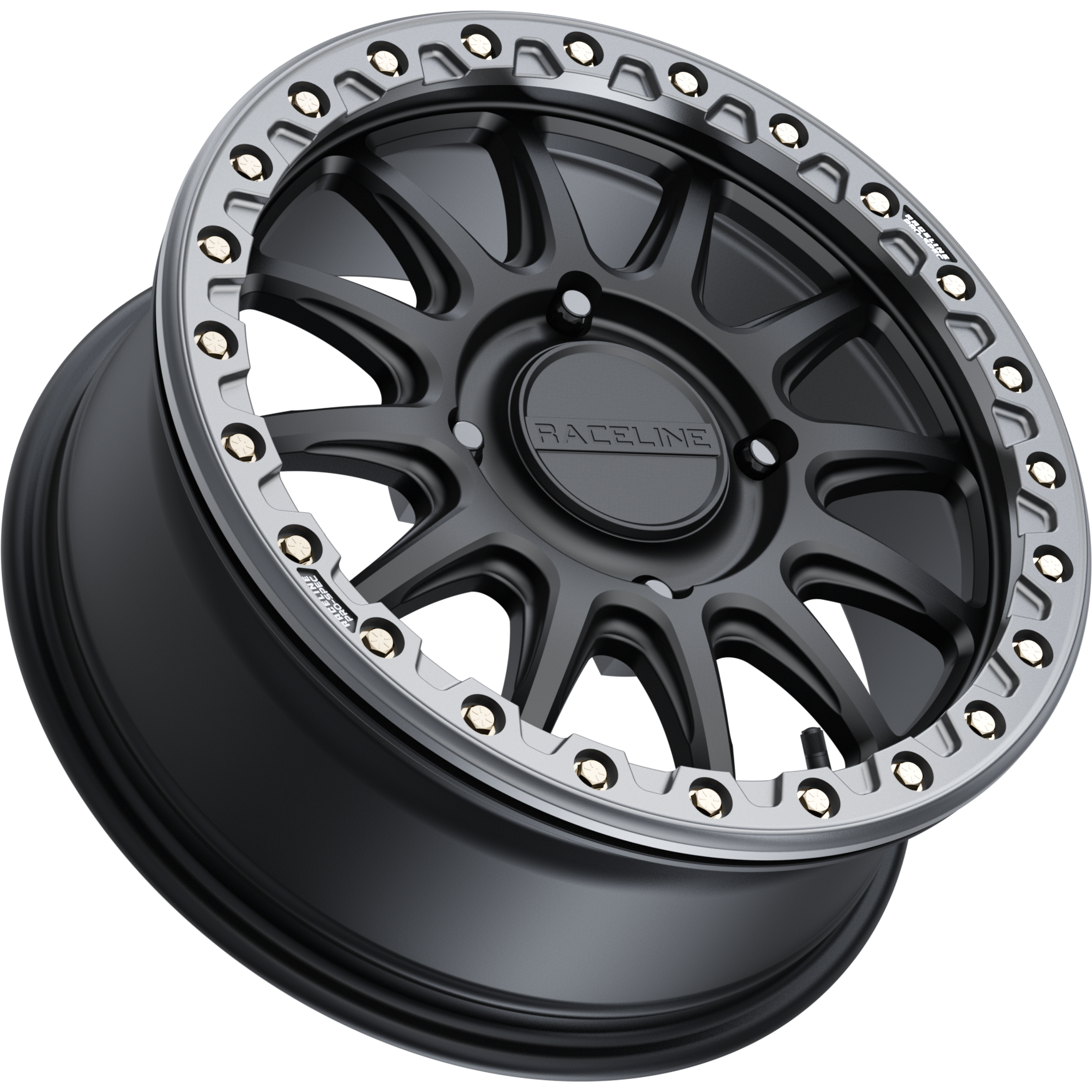 The Raceline ATV/UTV Alpha Beadlock 17x7 wheel features a black/gunmetal finish, multi-spoke design, beadlock ring with decorative bolts, and a 4x156 bolt pattern. The center cap is embossed with "RACELINE" for a stylish look and secure fit.