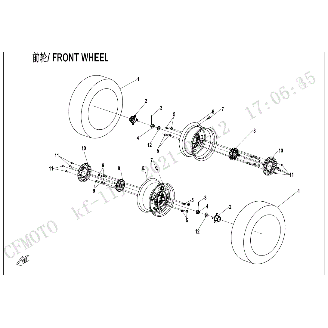 An Image of a Genuine CFMOTO Parts Schematic Diagram showing the schematic - FRONT WHEEL - 2024 CFMOTO UFORCE 600