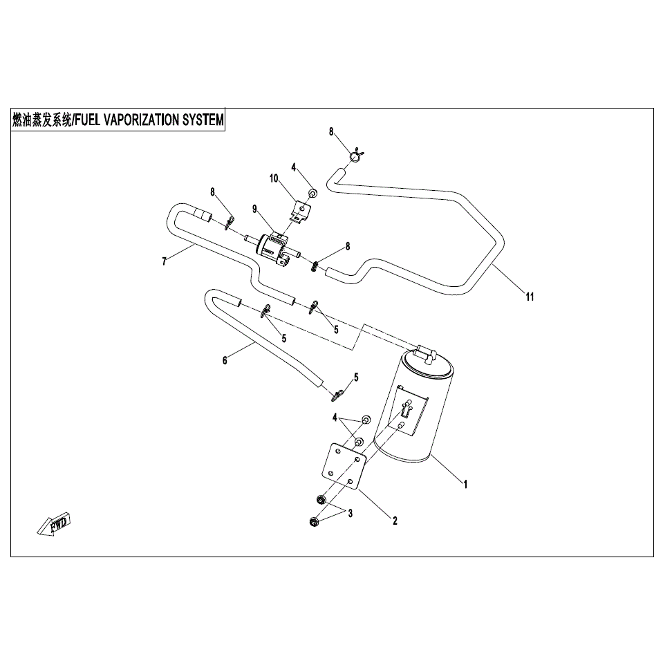 An Image of a Genuine CFMOTO Parts Schematic Diagram showing the schematic - FUEL EVAPORATION SYSTEM - 2021 CFMOTO UFORCE 1000