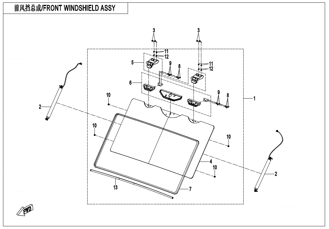 Exploded diagram of a front windshield assembly for ATV and UTV, highlighting labeled parts such as windshield glass, wipers, and the Seal Belt Line by CF Moto, with arrows showing assembly order and connection points.