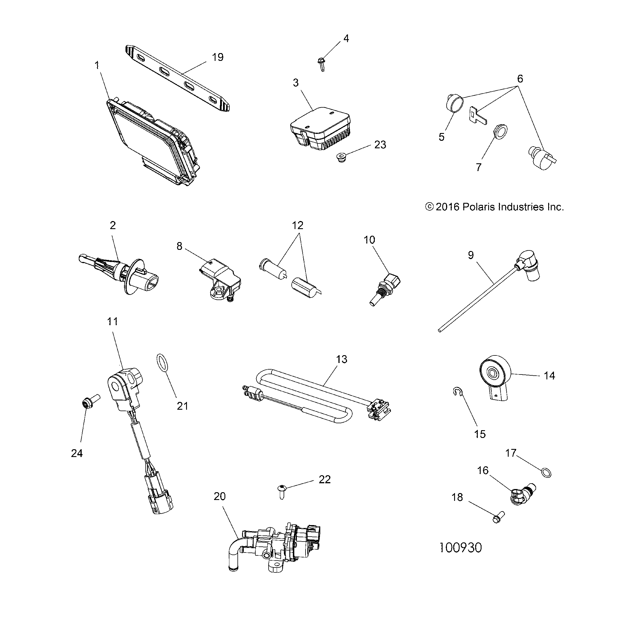 An Image of a Genuine Polaris Parts Schematic Diagram showing the schematic - ELECTRICAL: SWITCHES SENSORS ECU and CONTROL MODULES - 2018 POLARIS SPORTSMAN 850 HIGH LIFTER