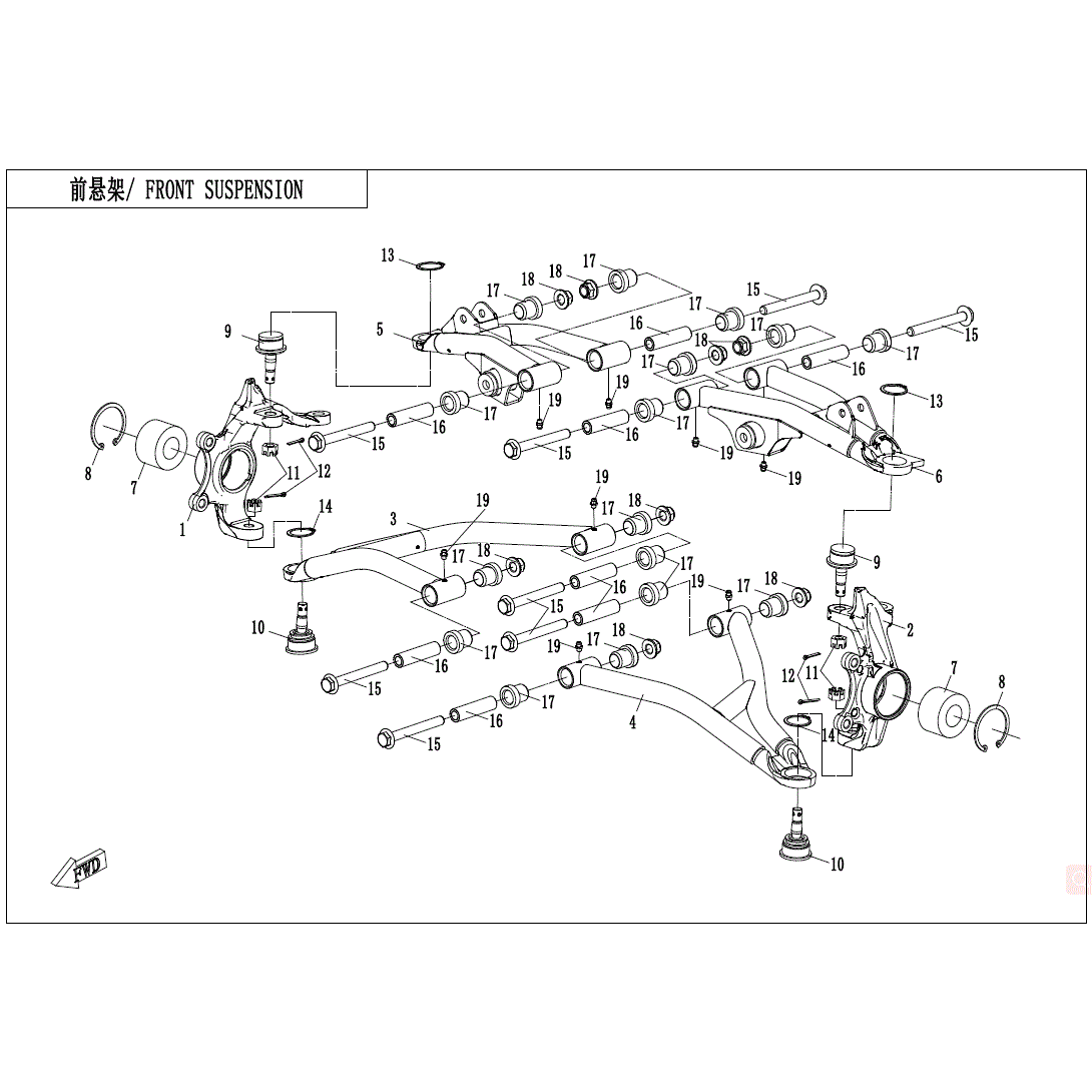 An Image of a Genuine CFMOTO Parts Schematic Diagram showing the schematic - FRONT SUSPENSION - 2024 CFMOTO ZFORCE 950 Trail