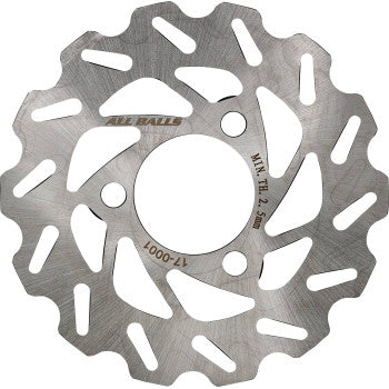 The Honda Brake Rotor by All Balls is a silver, round stainless steel disc with wavy edges and slotted cutouts for enhanced cooling and braking. It features two large mounting holes, ALL BALLS branding, and surface-etched technical specs.