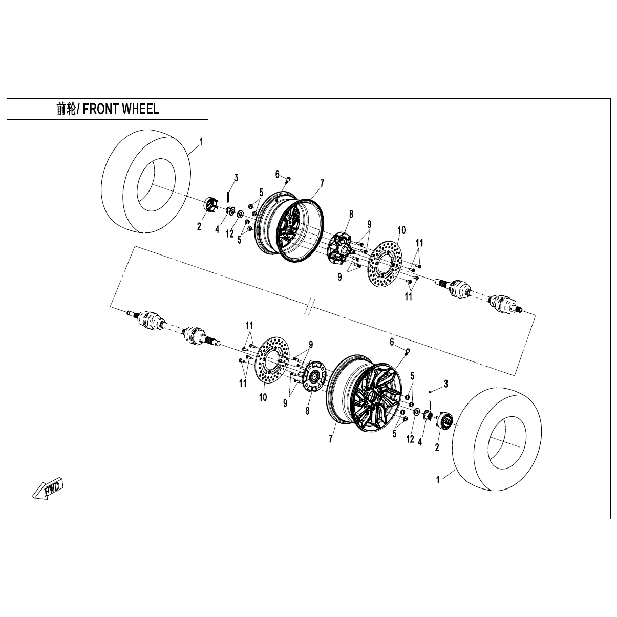 An Image of a Genuine CFMOTO Parts Schematic Diagram showing the schematic - FRONT WHEEL - 2025 CFMOTO ZFORCE 950 Sport