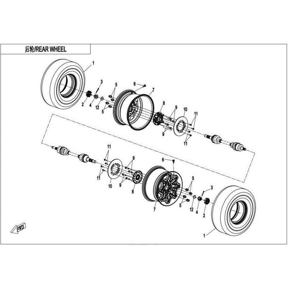 An Image of a Genuine CFMOTO Parts Schematic Diagram showing the schematic - REAR WHEEL - 2022 CFMOTO ZFORCE 950 Sport