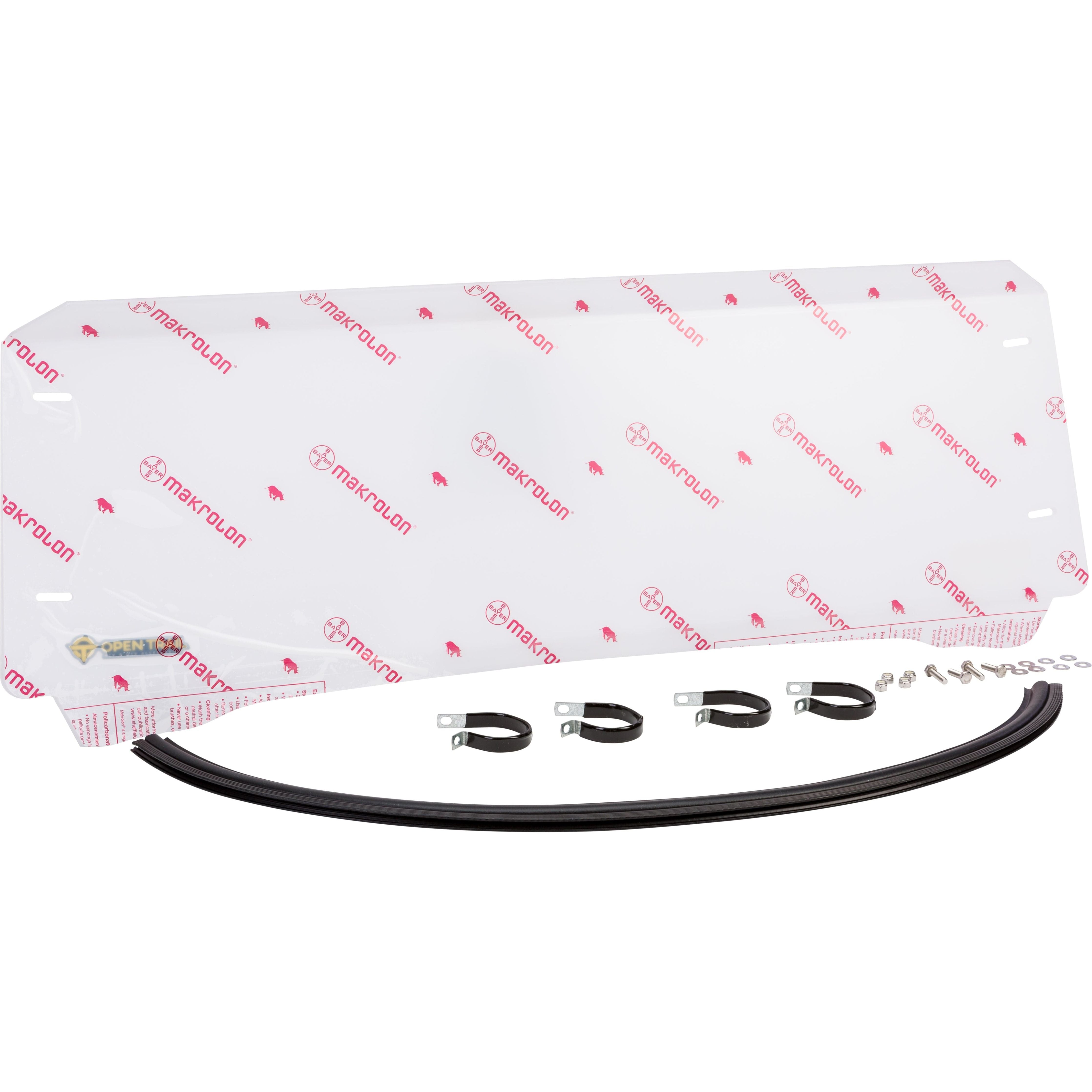 The Half Windshield by Open Trail is a clear Makrolon polycarbonate sheet labeled Makrolon, shown with mounting hardware, rubber seal, and metal clamps in front—ideal as a protective shield for vehicles with roll bars.