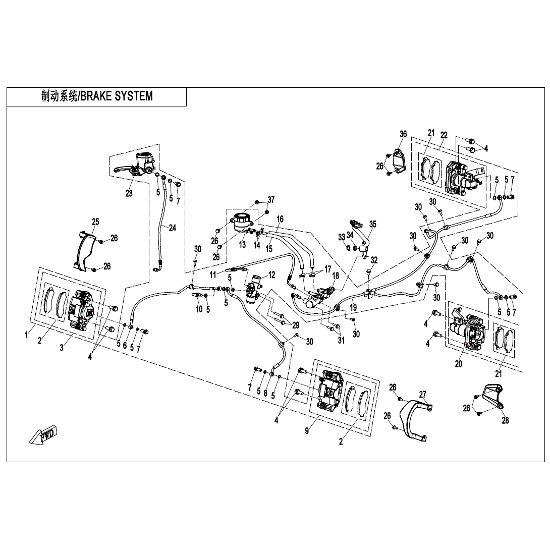 An Image of a genuine CFMOTO Parts Schematic Diagram showing the group - BRAKE SYSTEM (RH PARKING) - 2021 CFMOTO CFORCE 600
