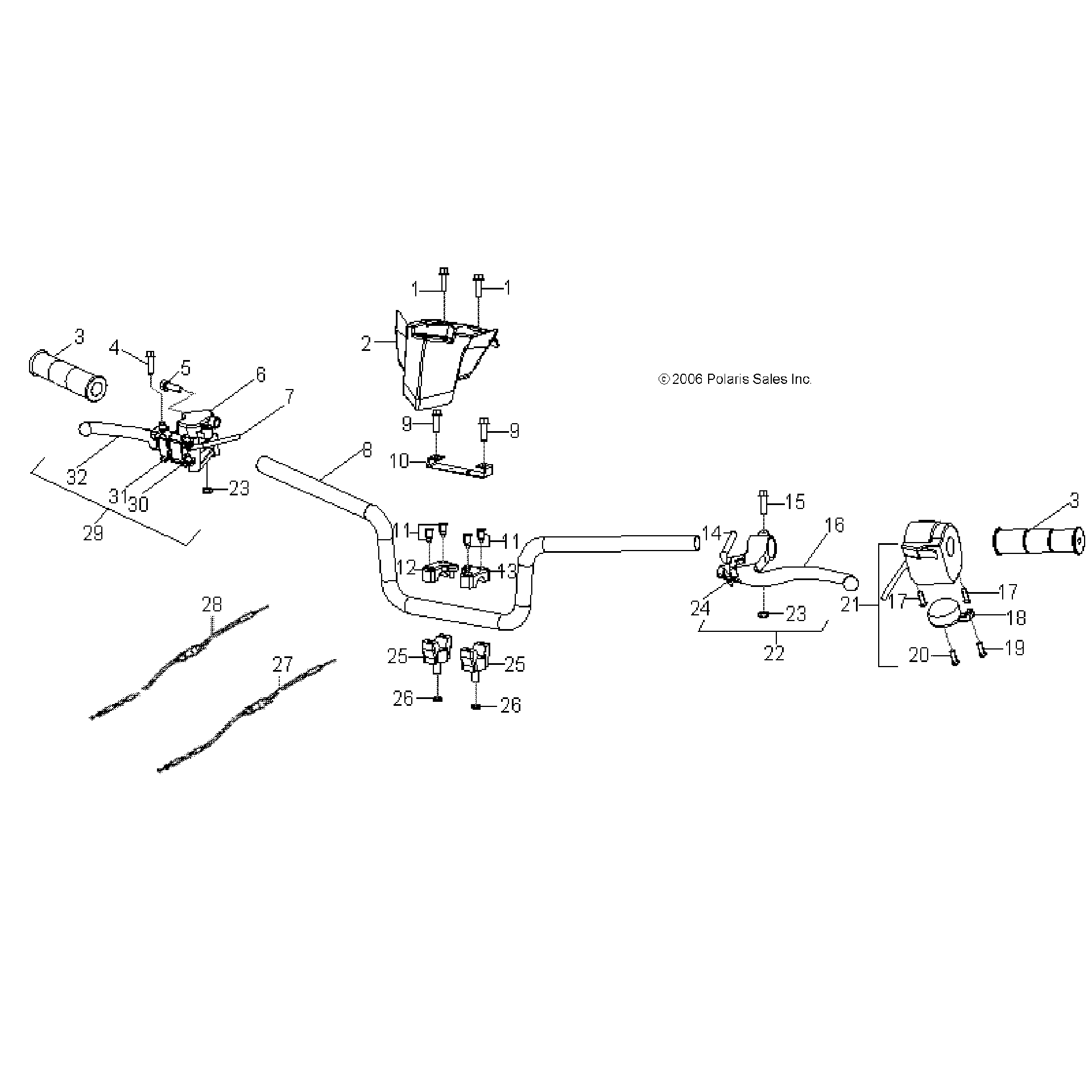 An Image of a Genuine Polaris Parts Schematic Diagram showing the schematic - STEERING: HANDLEBAR - 2016 POLARIS OUTLAW 90