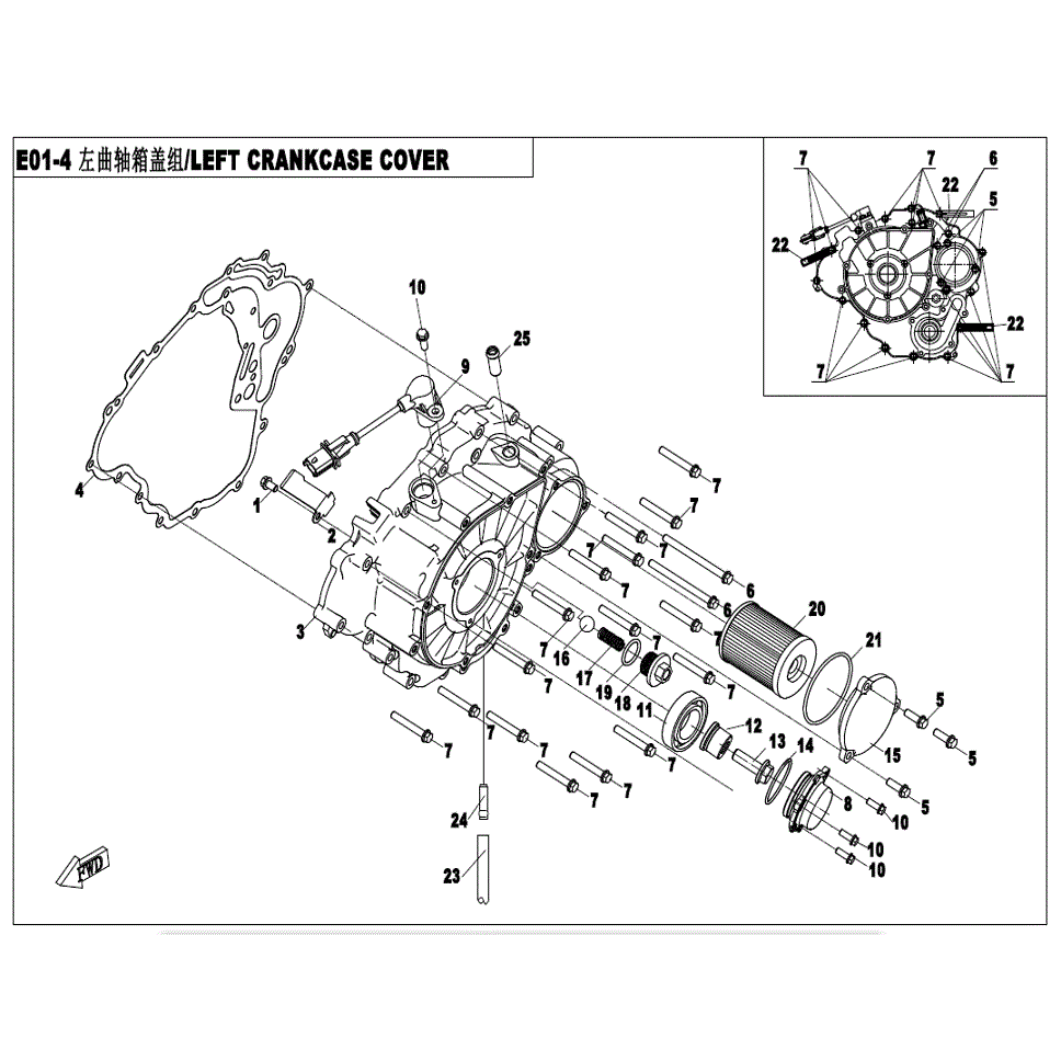 An Image of a genuine CFMOTO Parts Schematic Diagram showing the group - LEFT CRANKCASE COVER ASSY. - 2022 CFMOTO CFORCE 400