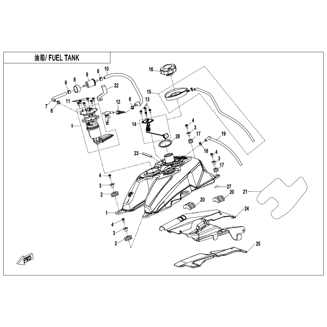 An Image of a genuine CFMOTO Parts Schematic Diagram showing the group - FUEL TANK - 2025 CFMOTO CFORCE 600 TOURING