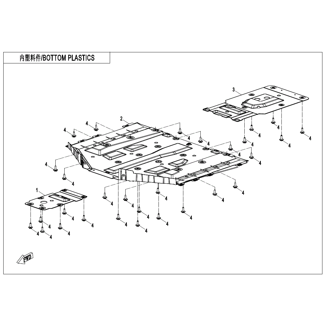 Exploded diagram of bottom plastic parts for ATV/UTV, featuring the CF Moto Front Skid Plate with labeled screws and attachment points. Labels “1,” “2,” and “4” show hardware or steps. Title: BOTTOM PLASTICS.