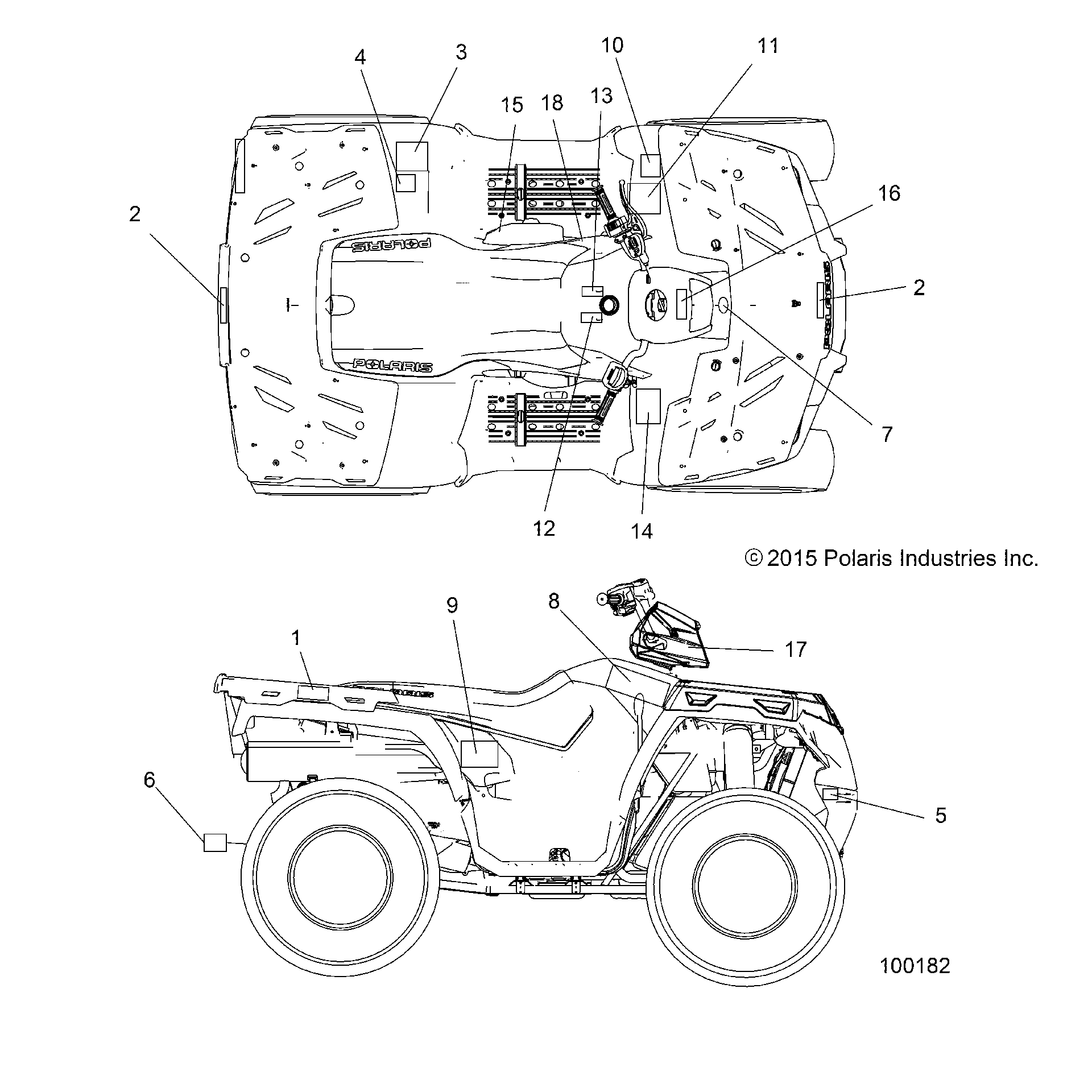 An Image of a Genuine Polaris Parts Schematic Diagram showing the schematic - BODY: DECALS - 2016 POLARIS SPORTSMAN 570 SP