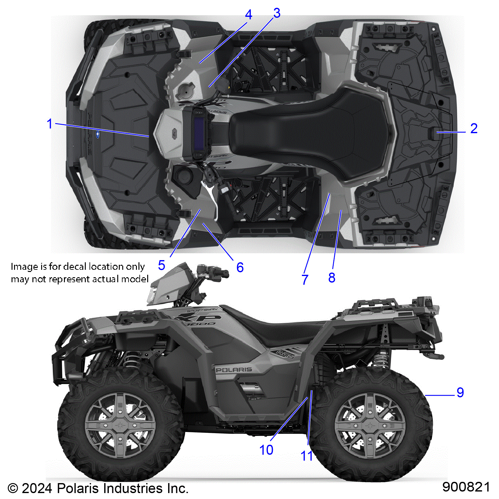 An Image of a Genuine Polaris Parts Schematic Diagram showing the schematic - BODY: DECALS GENERAL - 2024 POLARIS SPORTSMAN XP 1000 48" LE RIDE COMMAND