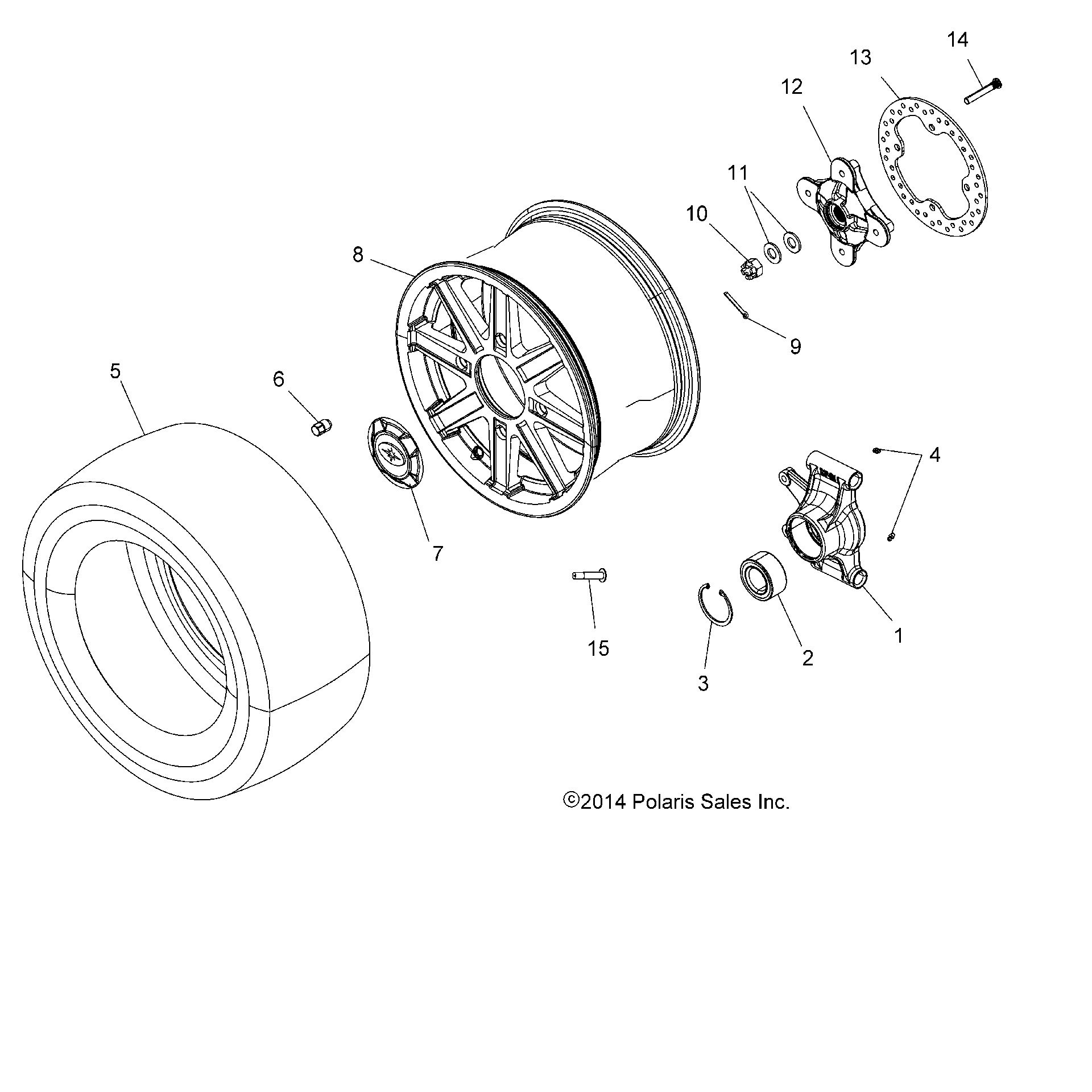 An Image of a Genuine Polaris Parts Schematic Diagram showing the schematic - WHEELS: REAR and HUB - 2015 POLARIS SPORTSMAN TOURING 850 SP
