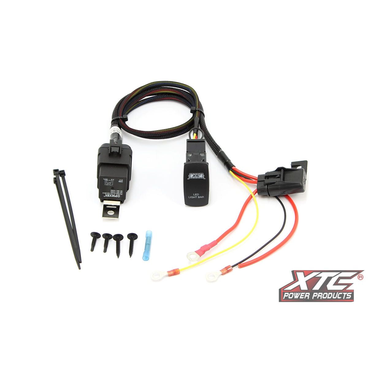 Plug N Play High Power Kit 1 Switch by XTC Power shown on a white background includes relay, factory style switch, connectors, mounting hardware, cable ties, and wires with ring terminals. XTC Power Products logo appears in the bottom right corner.