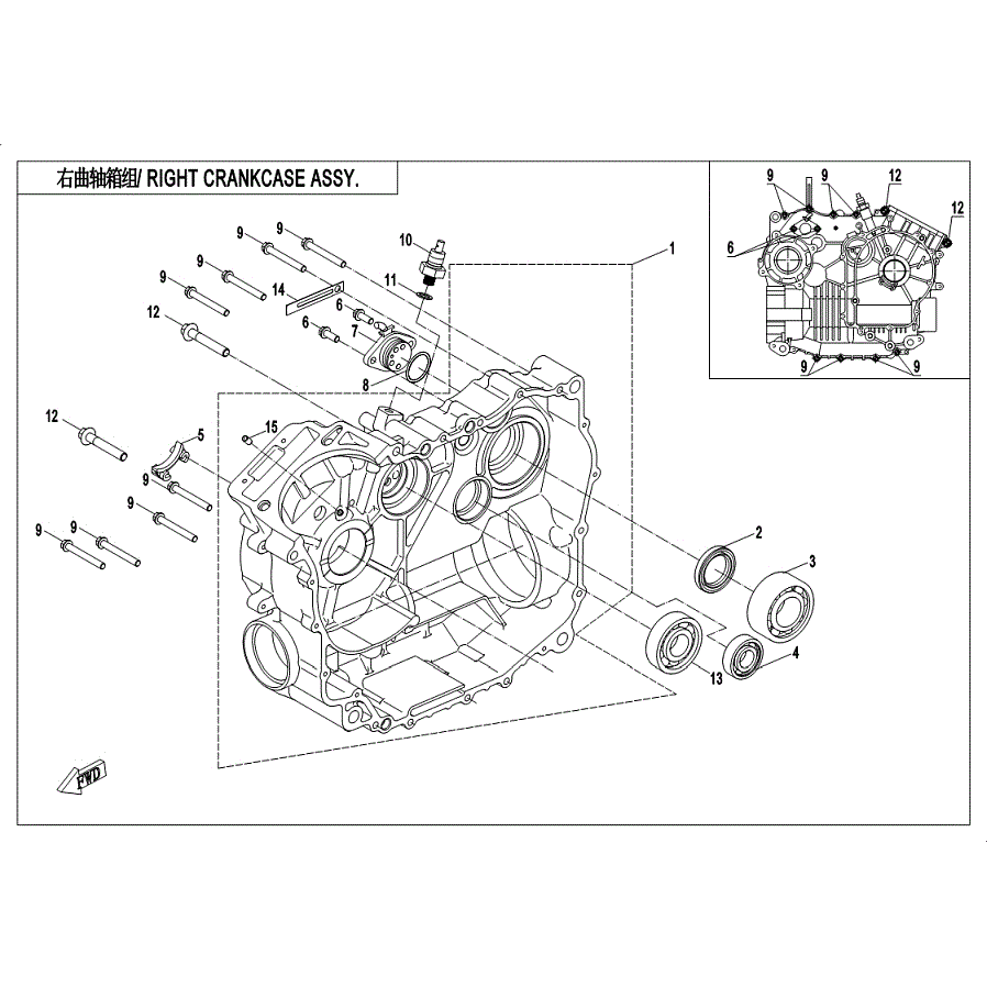 An Image of a Genuine CFMOTO Parts Schematic Diagram showing the schematic - RIGHT CRANKCASE ASSY - 2019 CFMOTO ZFORCE 500