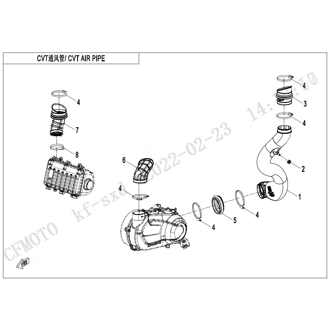 An Image of a Genuine CFMOTO Parts Schematic Diagram showing the schematic - CVT AIR PIPE - 2023 CFMOTO ZFORCE 950 Trail