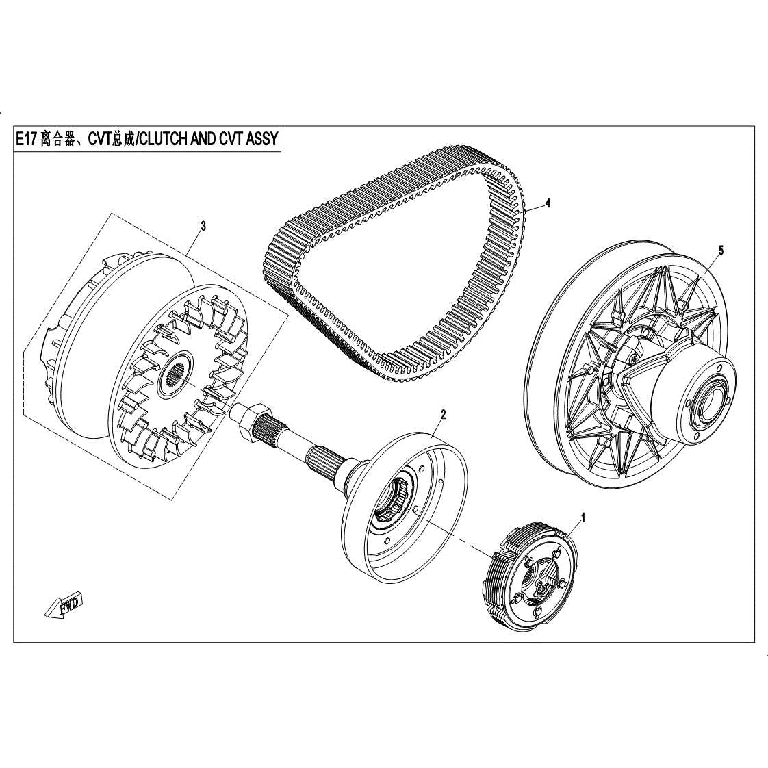 An Image of a Genuine CFMOTO Parts Schematic Diagram showing the schematic - CLUTCH AND CVT ASSY - 2017 CFMOTO UFORCE 800 EPS