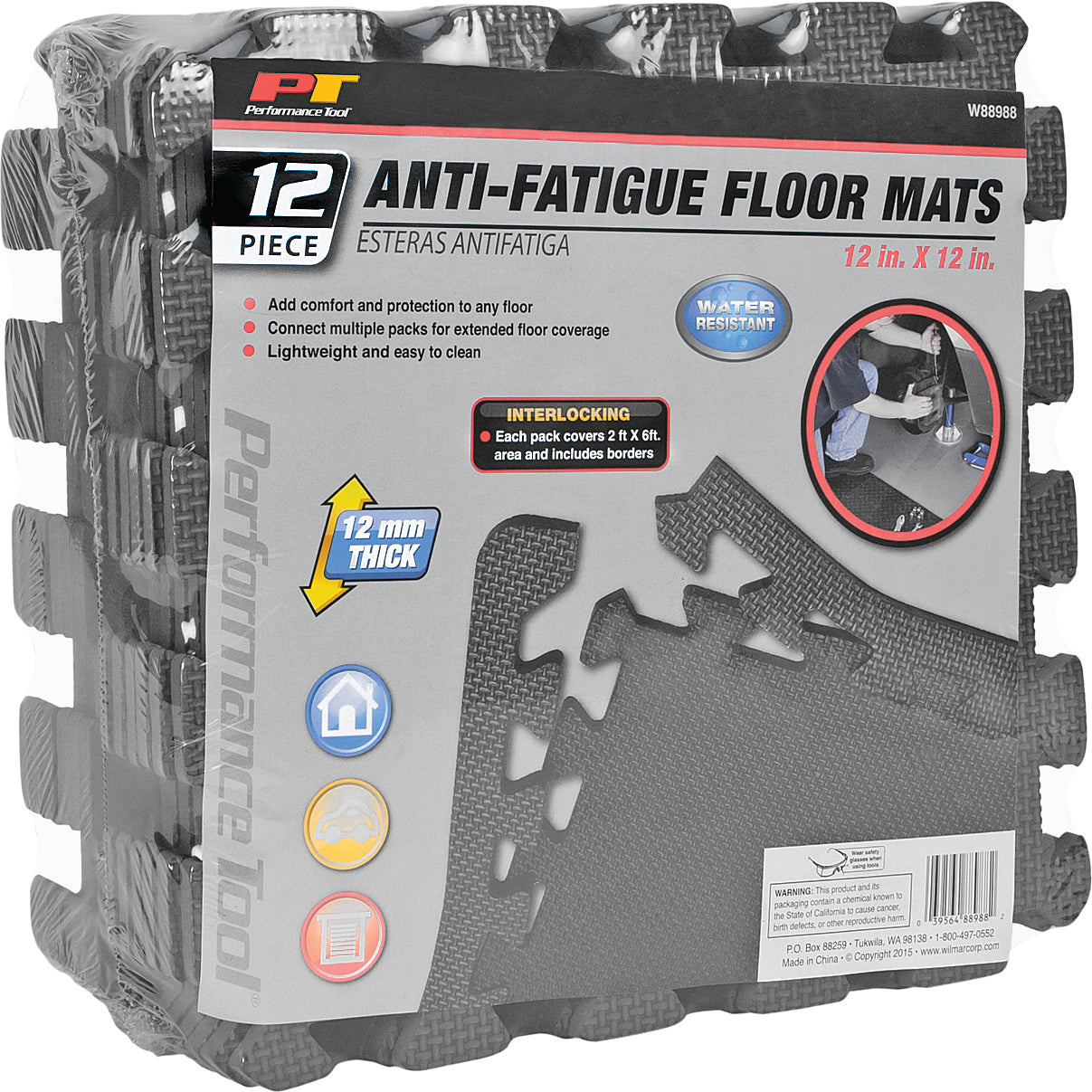 Shop Floor Mats 12/Pc by Performance Tool: Set of 12 interlocking EVA foam mats, each 12"x12" and 12mm thick. Lightweight, water-resistant, and durable—adds comfort and great floor coverage for any space.