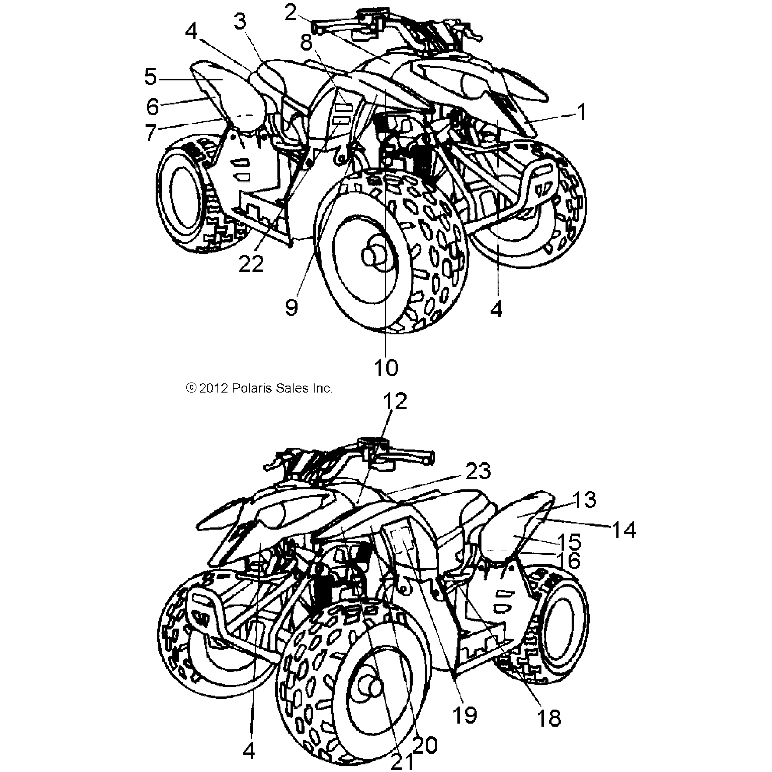 An Image of a Genuine Polaris Parts Schematic Diagram showing the schematic - BODY: DECALS - 2016 POLARIS OUTLAW 50