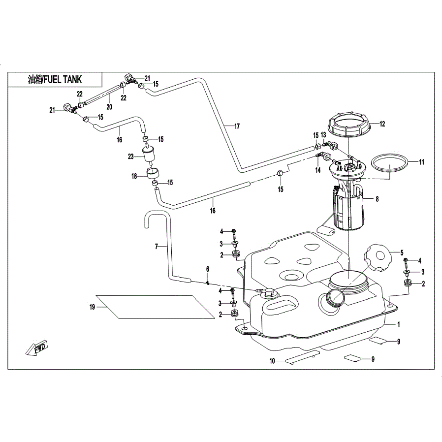 An Image of a Genuine CFMOTO Parts Schematic Diagram showing the schematic - FUEL TANK - 2019 CFMOTO ZFORCE 1000