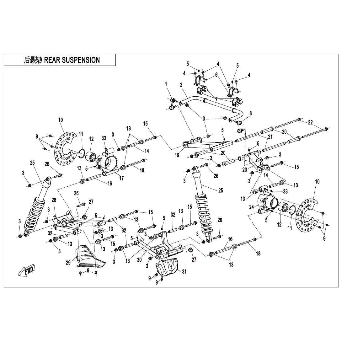An Image of a Genuine CFMOTO Parts Schematic Diagram showing the schematic - REAR SUSPENSION - 2020 CFMOTO ZFORCE 800 Trail