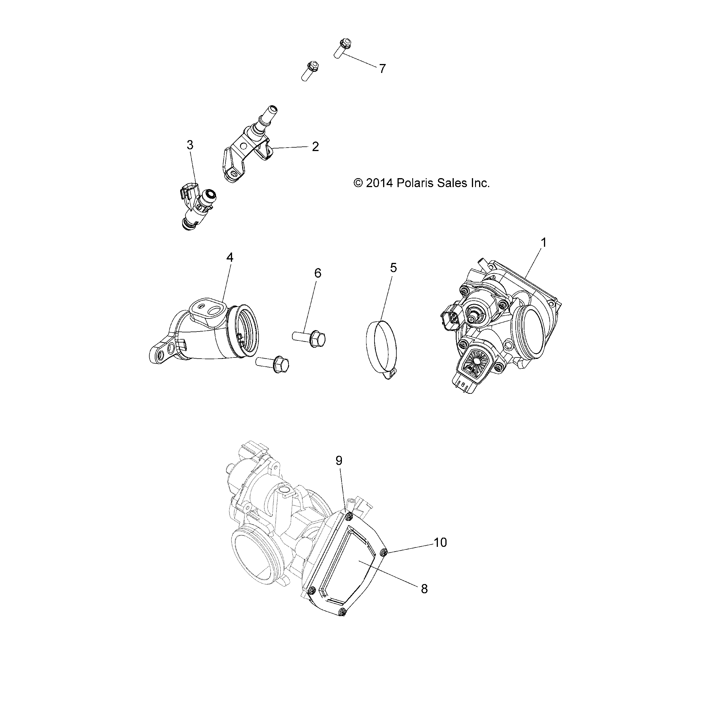 An Image of a Genuine Polaris Parts Schematic Diagram showing the schematic - ENGINE: THROTTLE BODY and FUEL RAIL - 2016 POLARIS ACE 325 EFI