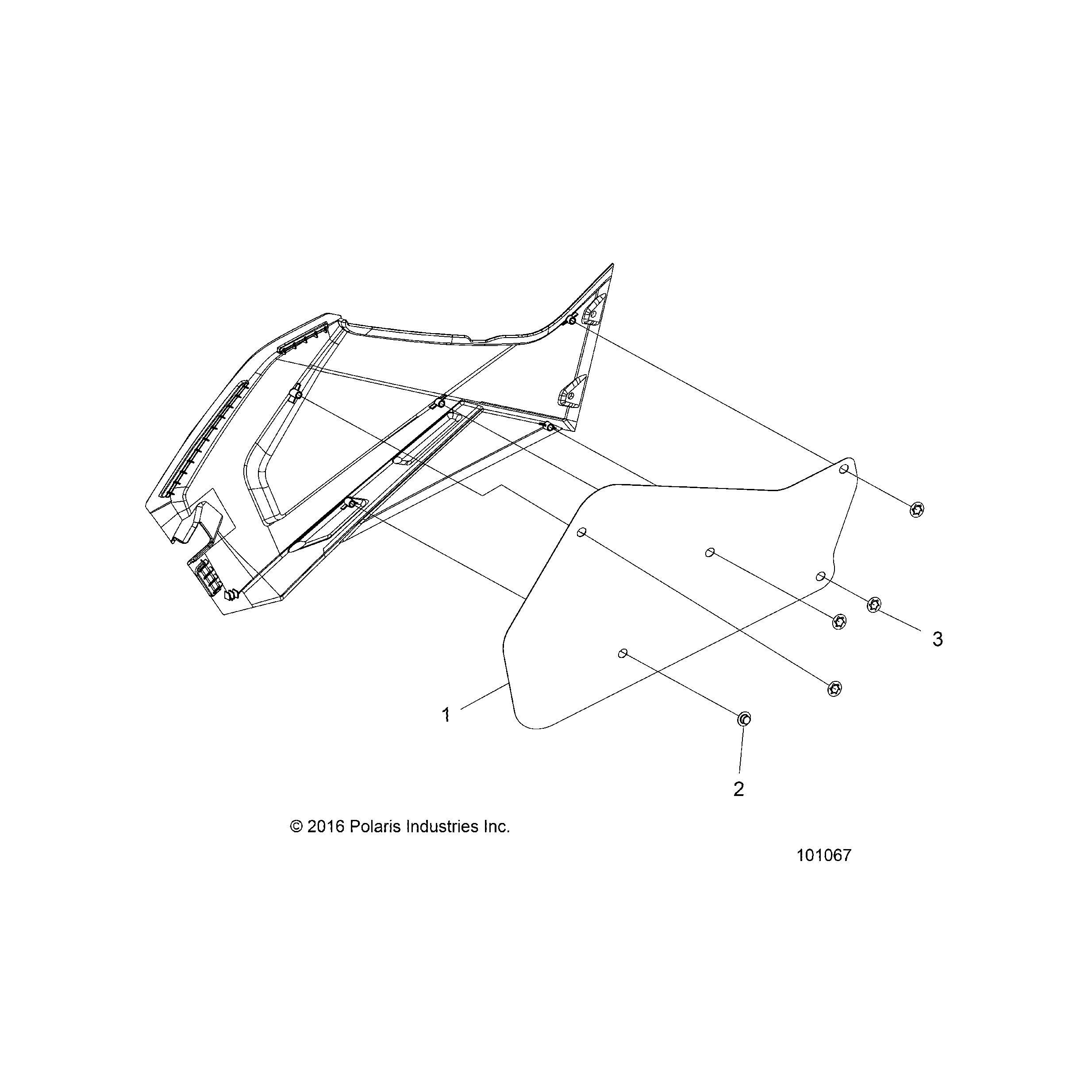 An Image of a Genuine Polaris Parts Schematic Diagram showing the schematic - BODY: RIGHT HAND SIDE PANEL HEAT SHIELD AND HARDWARE 1 UP - 2016 POLARIS SPORTSMAN 570 EFI