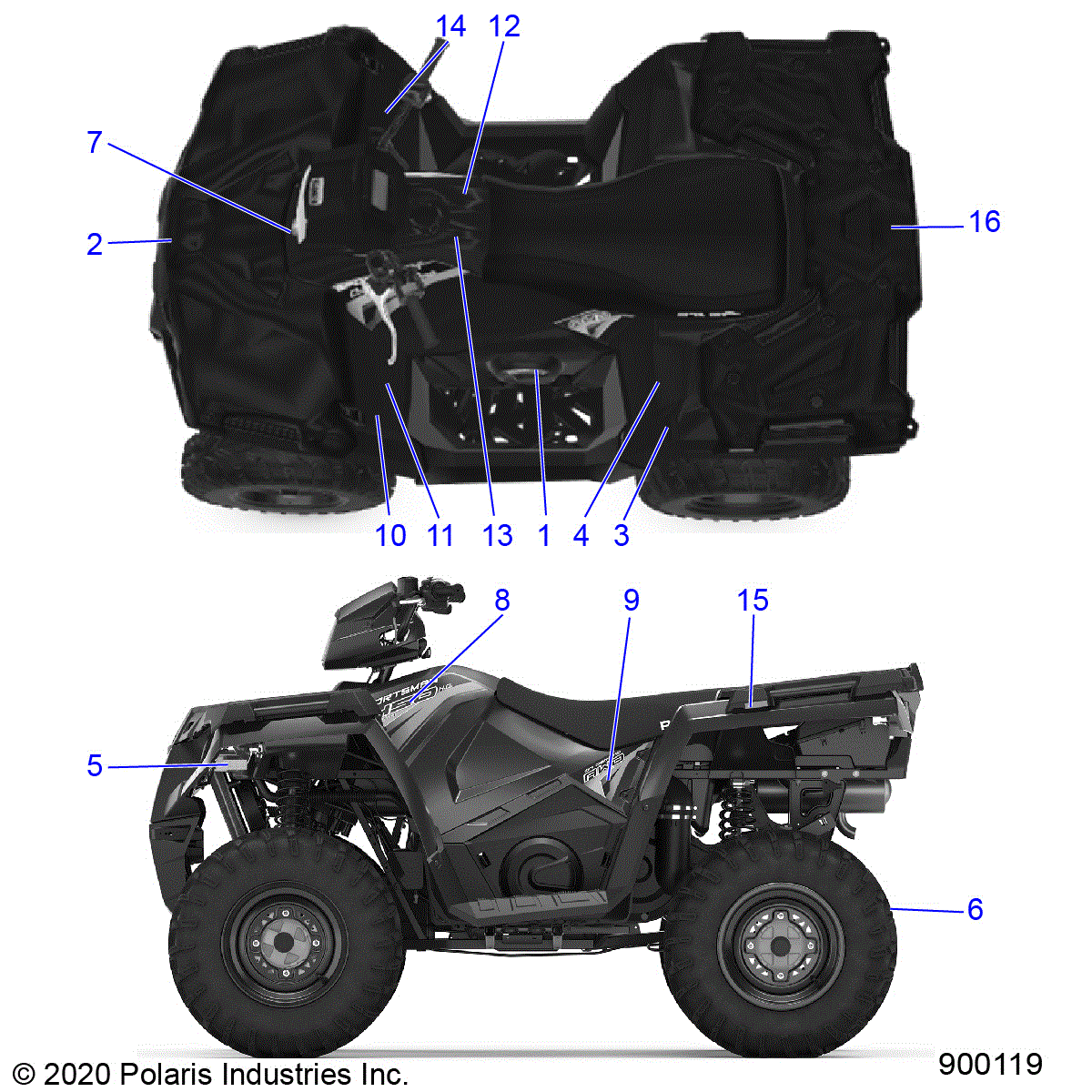 An Image of a Genuine Polaris Parts Schematic Diagram showing the schematic - BODY: DECALS - 2020 POLARIS SPORTSMAN 450 HO