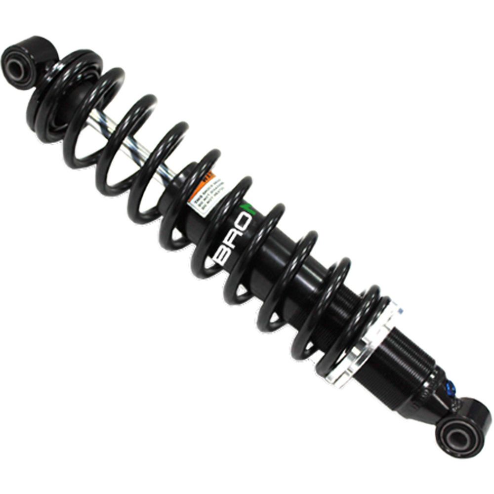 The Yamaha Viking/Grizzly UTV/ATV Front Gas Shock by Bronco, featuring a black body, silver spring, and adjustment ring, is shown against a white background.