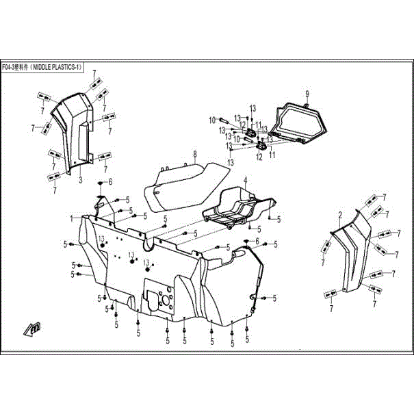 An Image of a Genuine CFMOTO Parts Schematic Diagram showing the schematic - MIDDLE PLASTICS-1 - 2016 CFMOTO ZFORCE 800 EX